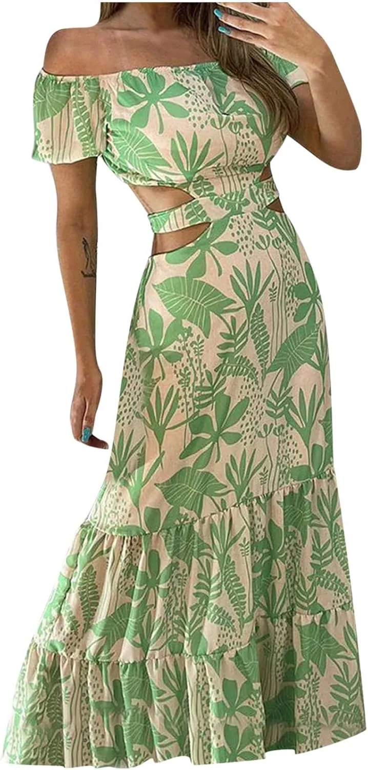Casual Dresses for Women Off The Shoulder Boho Dress Summer Maxi Sundress Beach Hollow Out Tiered Sexy Flowy Dress