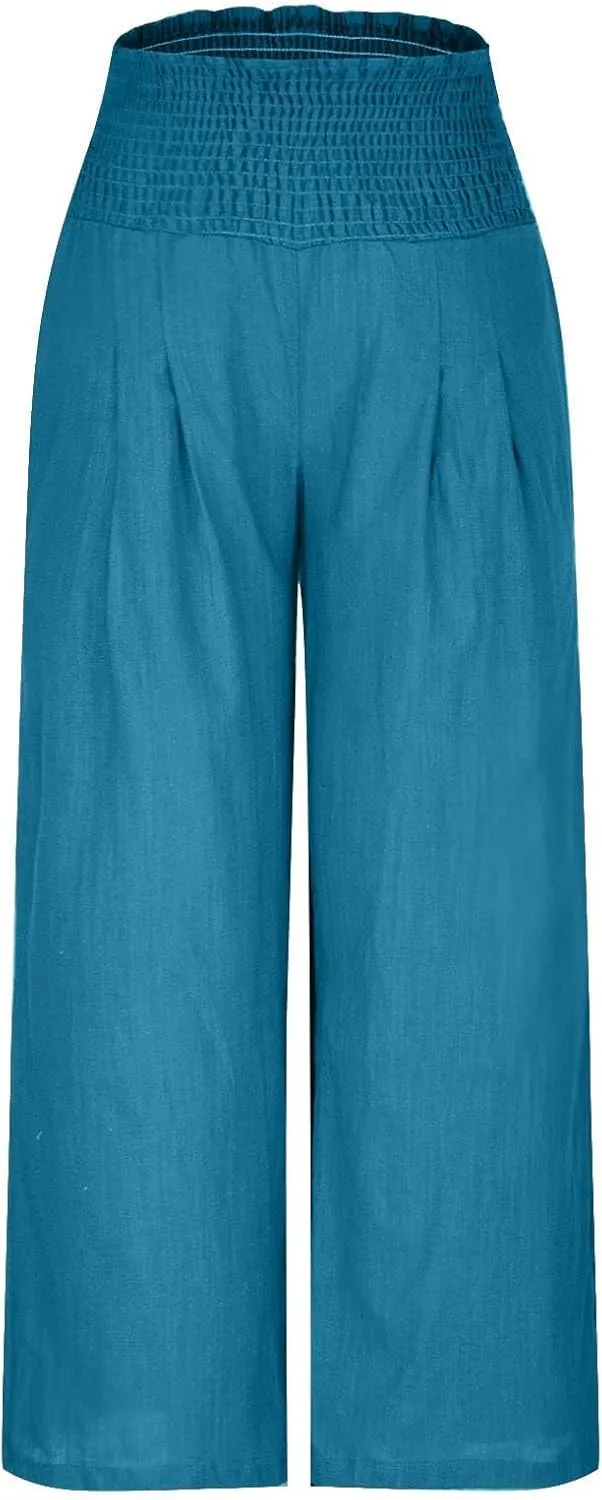 Casual Linen Wide Leg Pants for Women Smocked High Waisted Palazzo Pant Loose Baggy Elastic Waist Trousers