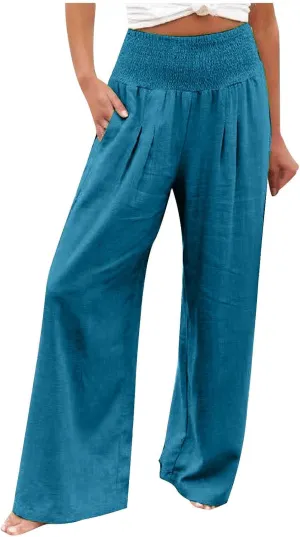 Casual Linen Wide Leg Pants for Women Smocked High Waisted Palazzo Pant Loose Baggy Elastic Waist Trousers