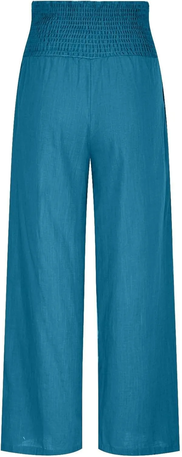 Casual Linen Wide Leg Pants for Women Smocked High Waisted Palazzo Pant Loose Baggy Elastic Waist Trousers