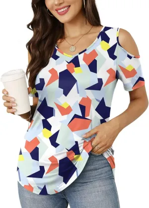 CATHY Women's V Neck Tunic Top Cold Shoulder Tshirt Short Sleeve Casual Blouse for Leggings