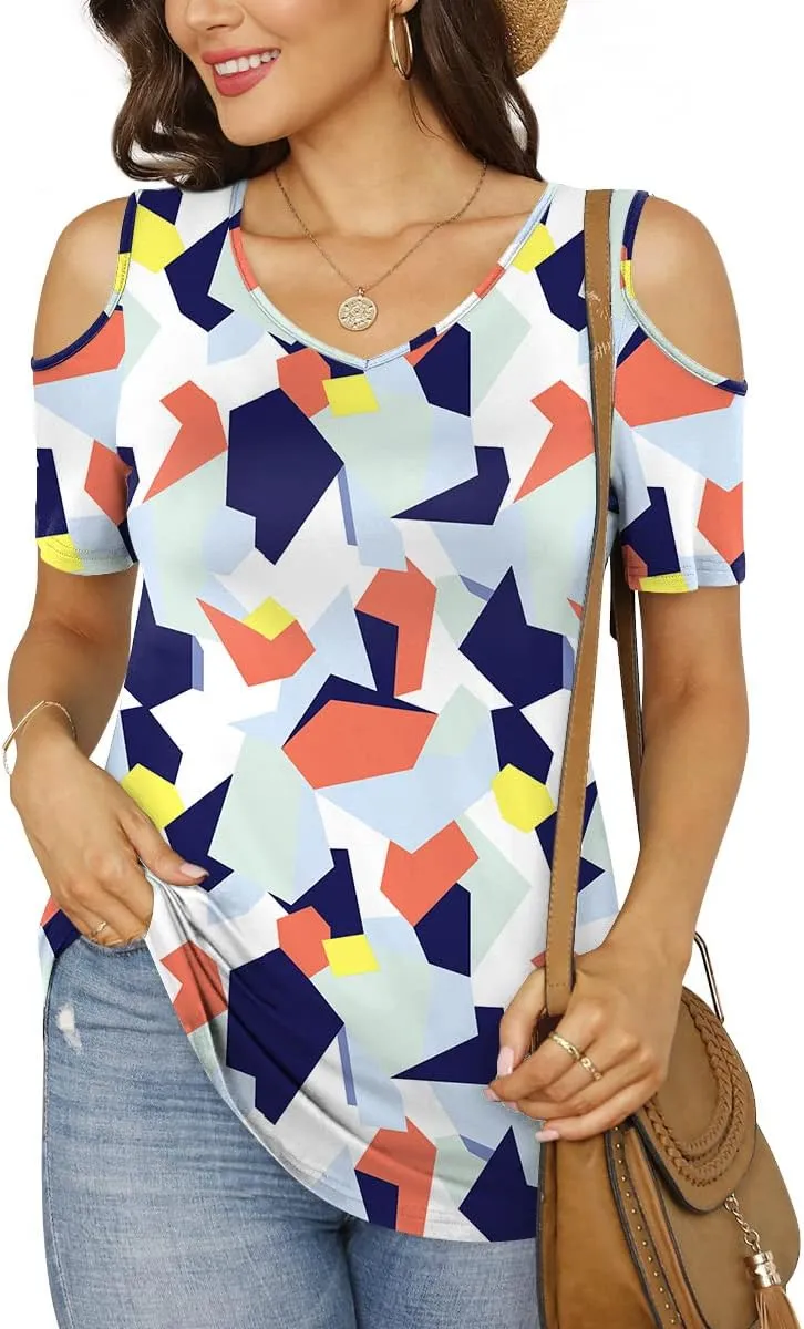 CATHY Women's V Neck Tunic Top Cold Shoulder Tshirt Short Sleeve Casual Blouse for Leggings