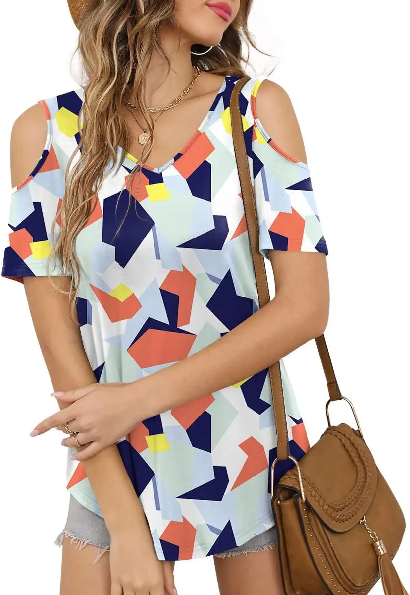 CATHY Women's V Neck Tunic Top Cold Shoulder Tshirt Short Sleeve Casual Blouse for Leggings
