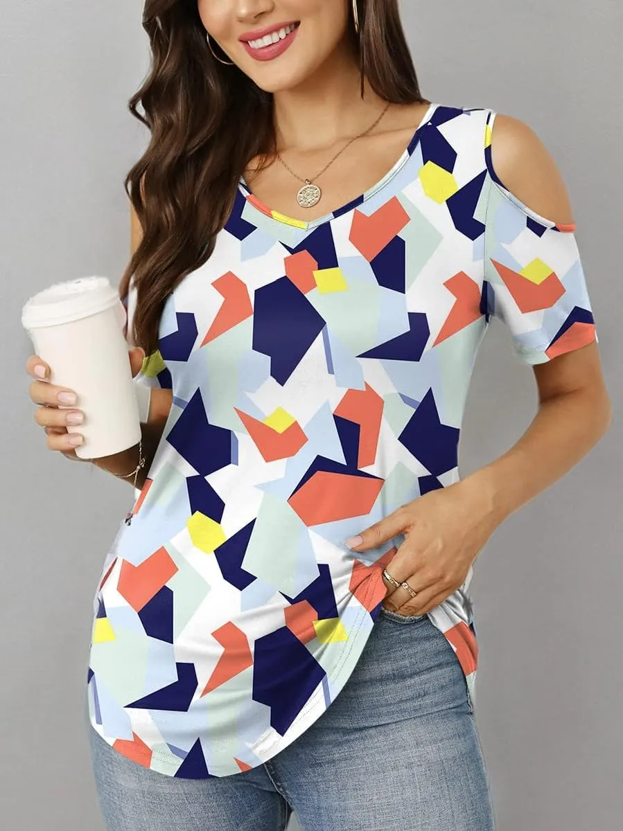 CATHY Women's V Neck Tunic Top Cold Shoulder Tshirt Short Sleeve Casual Blouse for Leggings