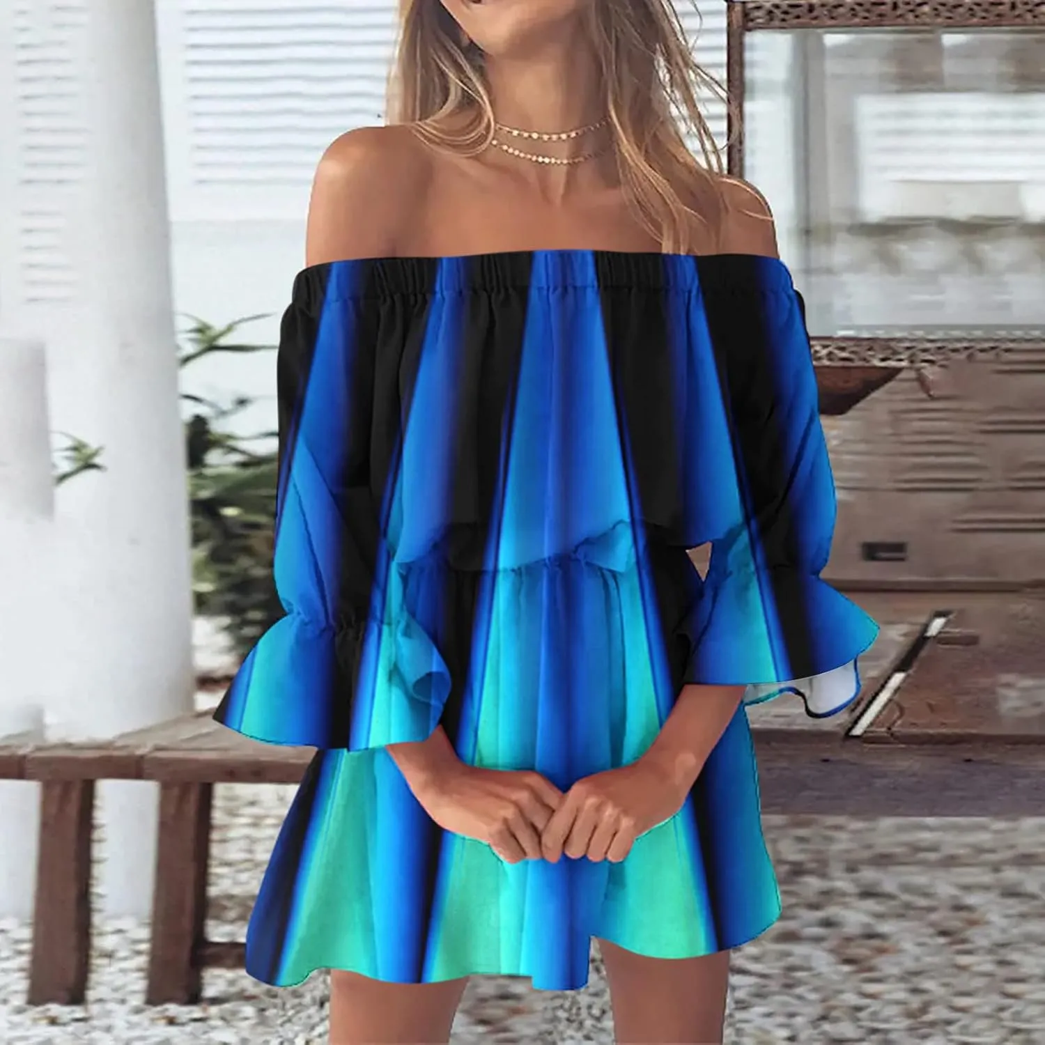 Ceboyel Women Marble Print Ruffle Dress Off Shoulder Summer Dresses Sexy Vacation Sun Dress Summer Beach Outfits 2023