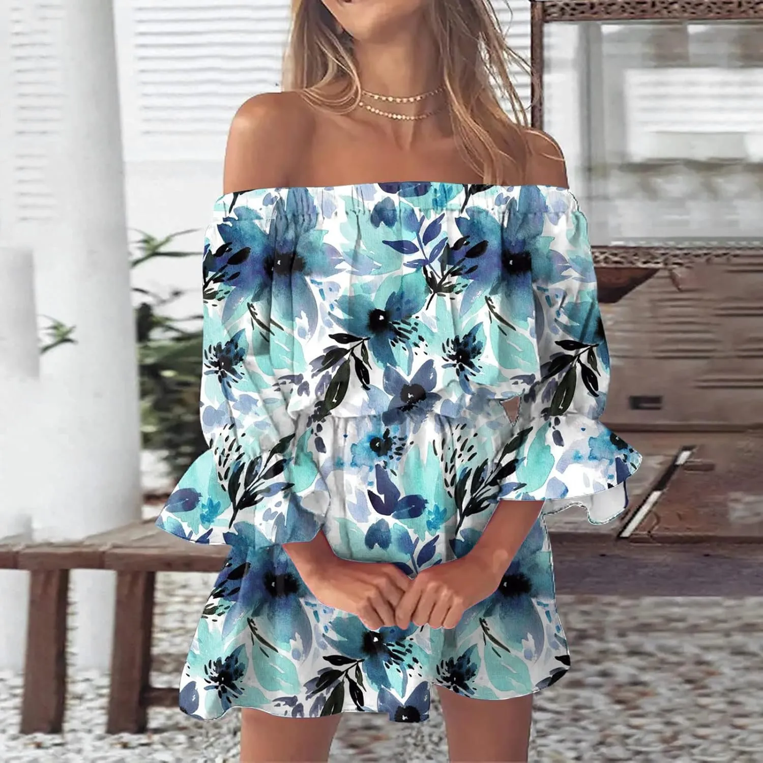 Ceboyel Women Off Shoulder Hawaiian Sundress Boho Ruffle Dresses Swing Beach Dress Sexy Casual Tropical Vacation Clothes