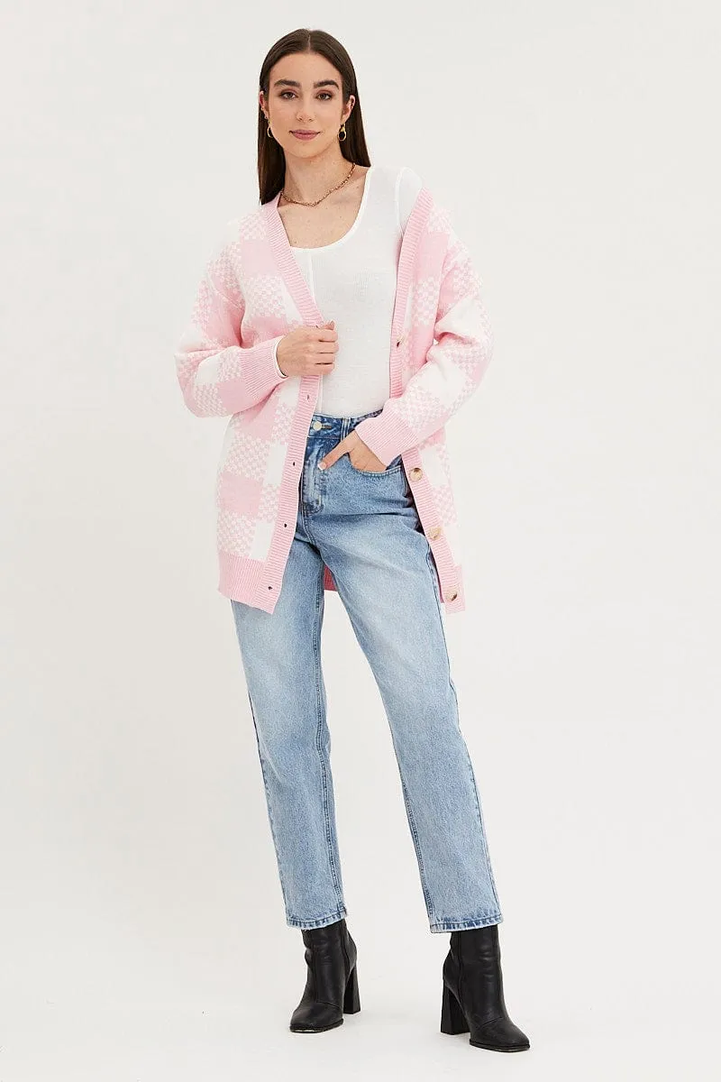 Check Knit Cardigan Long Sleeve Longline