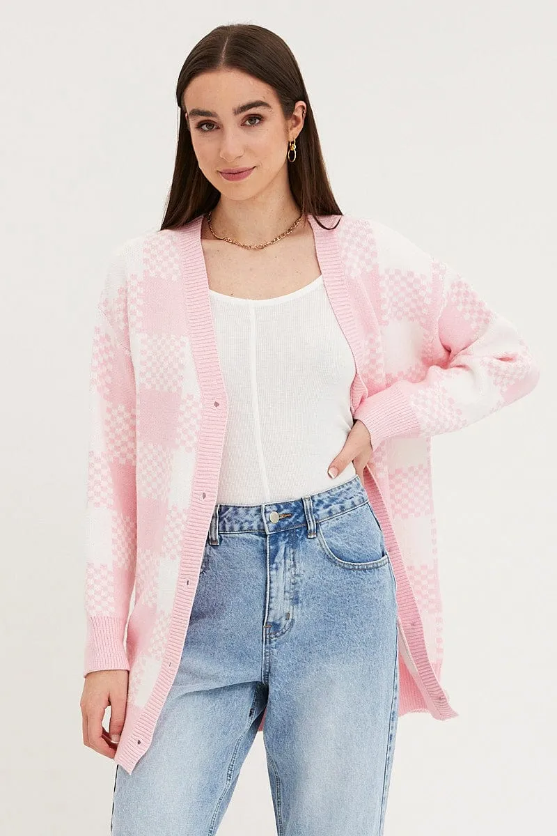 Check Knit Cardigan Long Sleeve Longline
