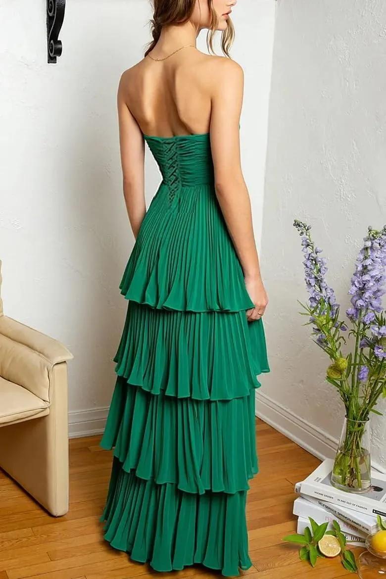 Chiffon Prom Dresses Strapless Ruffle Evening Dresses A Line Long Formal Party Gowns F149