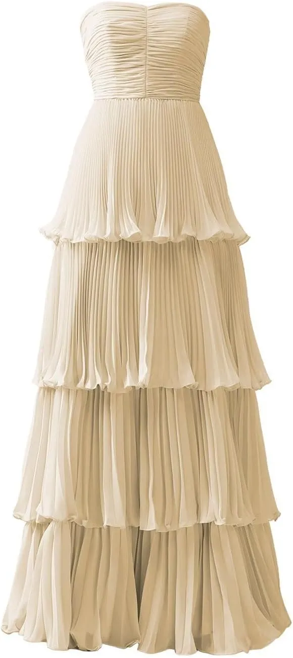 Chiffon Prom Dresses Strapless Ruffle Evening Dresses A Line Long Formal Party Gowns F149