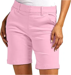 Chino Shorts for Women Comfy Casual Slim Fit Pull On Knee Length Shorts Solid Lounge Bermuda Shorts with Pockets