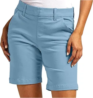 Chino Shorts for Women Comfy Casual Slim Fit Pull On Knee Length Shorts Solid Lounge Bermuda Shorts with Pockets