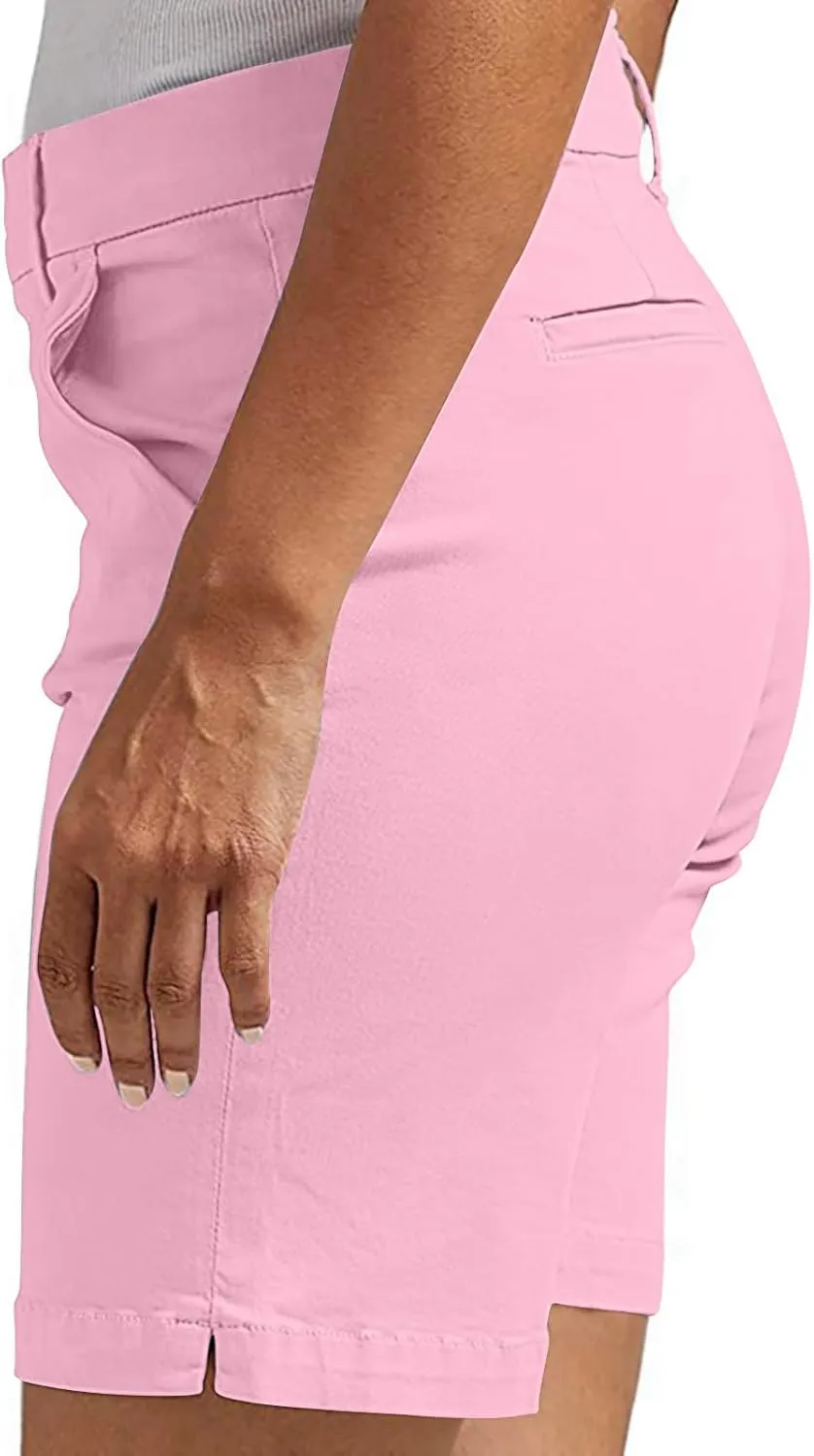Chino Shorts for Women Comfy Casual Slim Fit Pull On Knee Length Shorts Solid Lounge Bermuda Shorts with Pockets