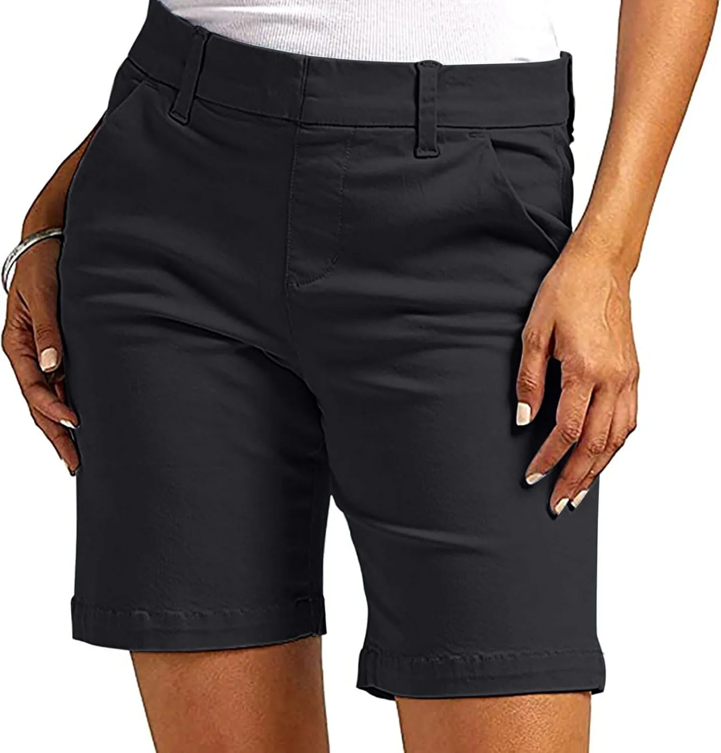 Chino Shorts for Women Comfy Casual Slim Fit Pull On Knee Length Shorts Solid Lounge Bermuda Shorts with Pockets