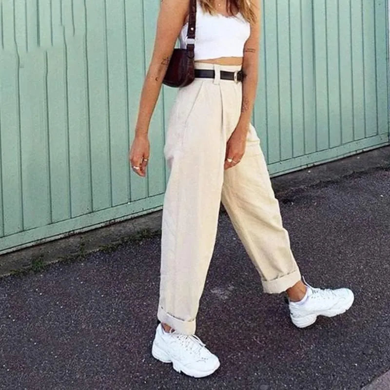 CHONG FENG XIA Autumn Winter Cargo Pants High Waist Harem Loose Trousers Ladie Casual Jeans