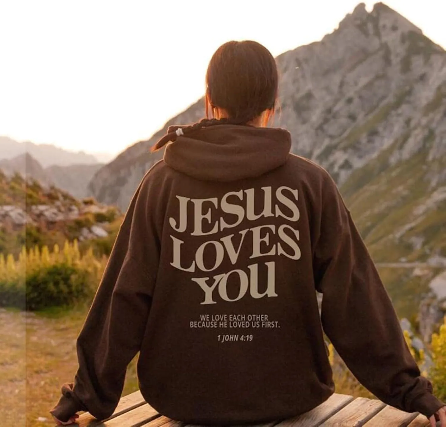 Christian Hoodies for Women Girls Jesus Loves You Letter Graphic Oversized Long Sleeve Pockets Bible Verse Hooded Sweatshirts
