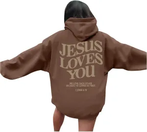 Christian Hoodies for Women Girls Jesus Loves You Letter Graphic Oversized Long Sleeve Pockets Bible Verse Hooded Sweatshirts