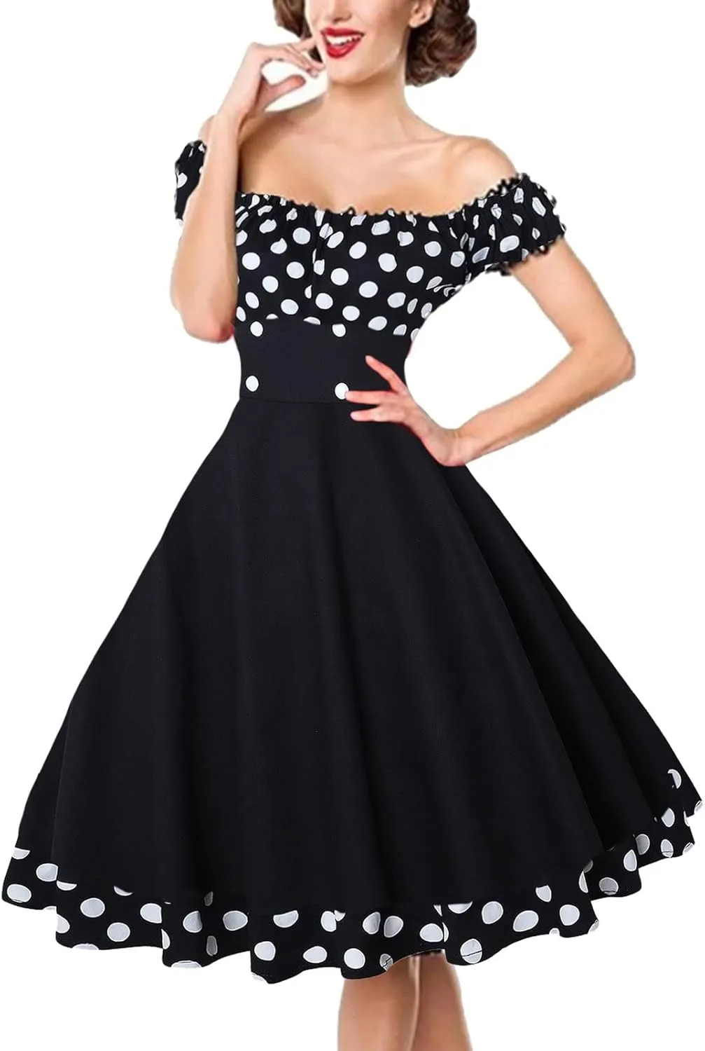 Cocktail Dress for Women 1960 Retro Polka Dot Off The Shoulder A-Line Swing Sundress Rockabilly Garden Party Dress
