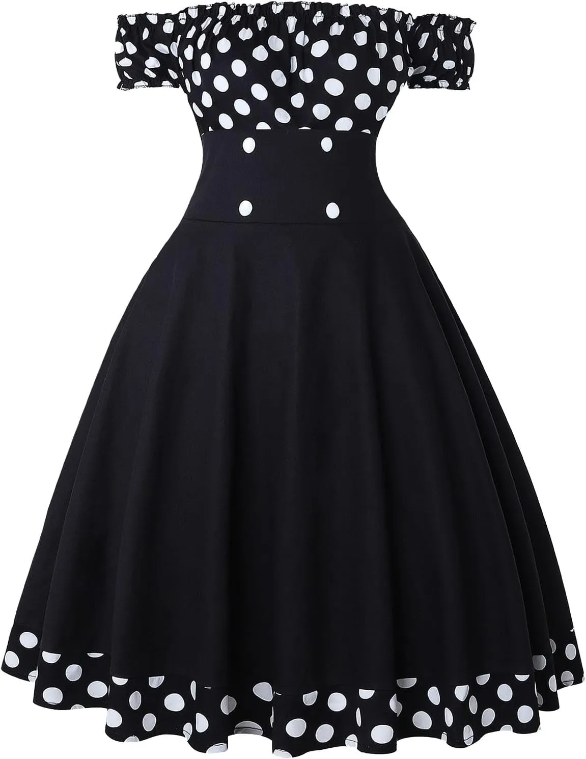 Cocktail Dress for Women 1960 Retro Polka Dot Off The Shoulder A-Line Swing Sundress Rockabilly Garden Party Dress