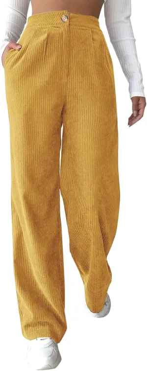 Corduroy Pants for Women Vintage Elastic High Waist Straight Wide Leg Pants Fall Winter Casual Work Trousers 2023 Trendy