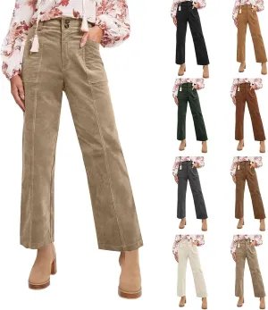 Corduroy Pants Women Straight Leg Elastic Waist Work Pants Casual Loose Ankle Jeans Vintage Teacher Pants with Pockets