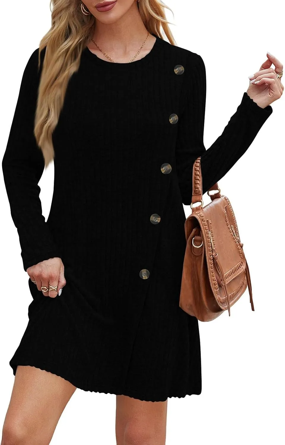 COTECRAM Fall Dresses for Women 2024 Trendy Buttons Side Long Sleeve Dress Casual Winter Tunic Sweater Dresses with Pockets