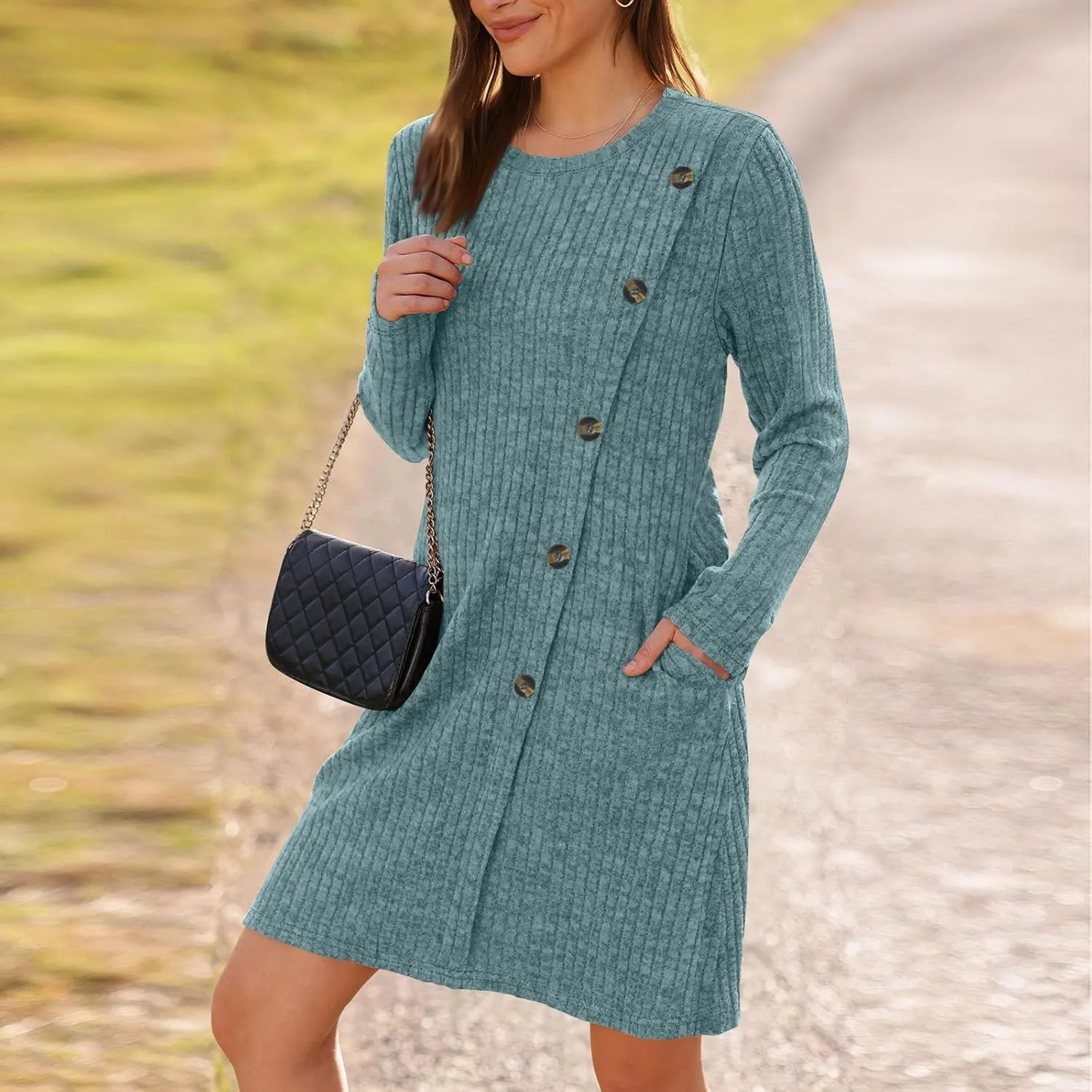COTECRAM Fall Dresses for Women 2024 Trendy Buttons Side Long Sleeve Dress Casual Winter Tunic Sweater Dresses with Pockets