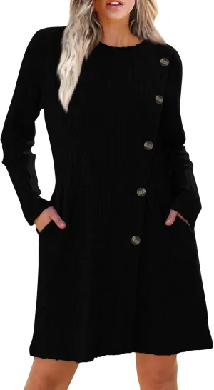 COTECRAM Fall Dresses for Women 2024 Trendy Buttons Side Long Sleeve Dress Casual Winter Tunic Sweater Dresses with Pockets
