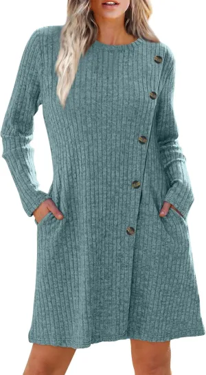 COTECRAM Fall Dresses for Women 2024 Trendy Buttons Side Long Sleeve Dress Casual Winter Tunic Sweater Dresses with Pockets