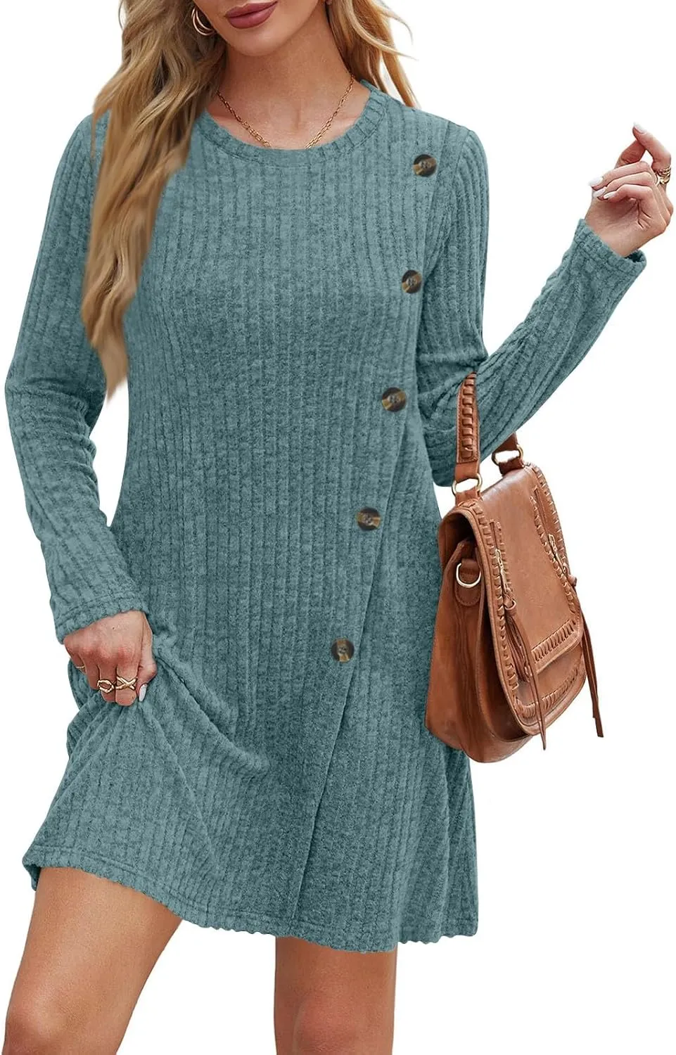 COTECRAM Fall Dresses for Women 2024 Trendy Buttons Side Long Sleeve Dress Casual Winter Tunic Sweater Dresses with Pockets