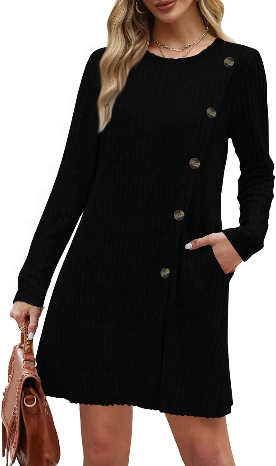 COTECRAM Fall Dresses for Women 2024 Trendy Buttons Side Long Sleeve Dress Casual Winter Tunic Sweater Dresses with Pockets