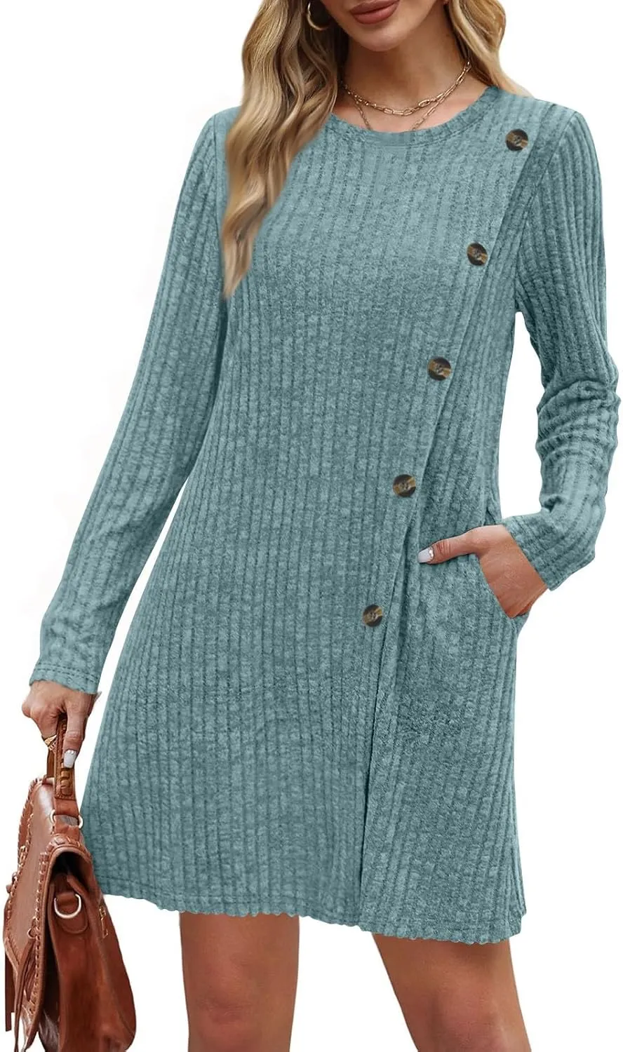 COTECRAM Fall Dresses for Women 2024 Trendy Buttons Side Long Sleeve Dress Casual Winter Tunic Sweater Dresses with Pockets