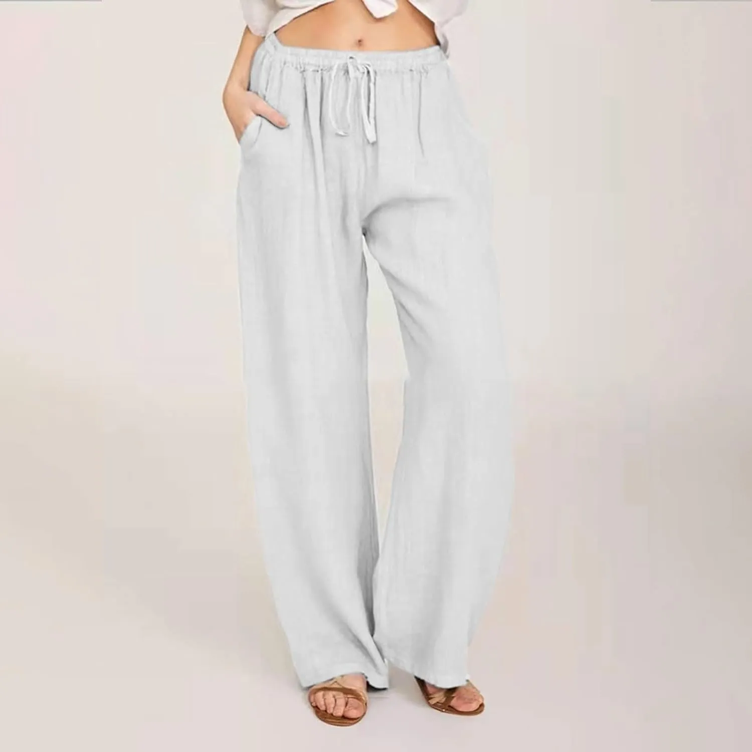 Cotton Linen Pants for Women 2024 Summer Comfy Loose Drawstring High Waist Pants Lightweight Vacation Beach Trousers