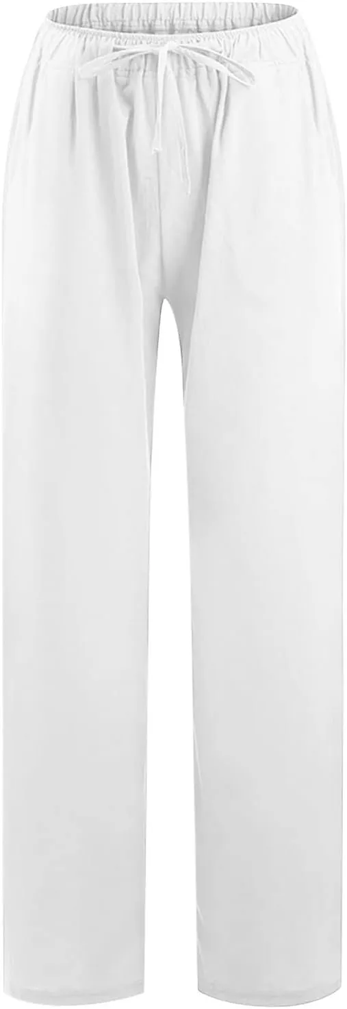 Cotton Linen Pants for Women 2024 Summer Comfy Loose Drawstring High Waist Pants Lightweight Vacation Beach Trousers