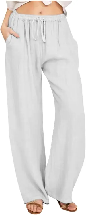 Cotton Linen Pants for Women 2024 Summer Comfy Loose Drawstring High Waist Pants Lightweight Vacation Beach Trousers