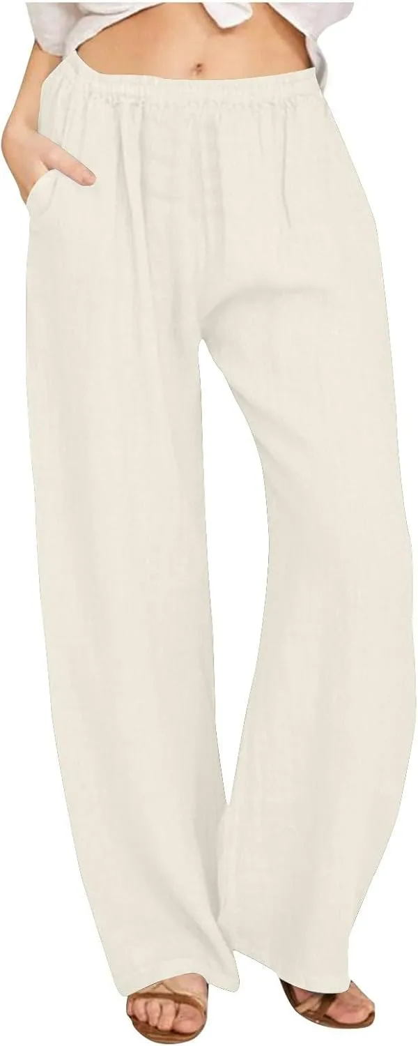 Cotton Linen Pants for Women Casual Summer Elastic High Waist Pants Straight Wide Leg Pants Baggy Loose Fit Trousers