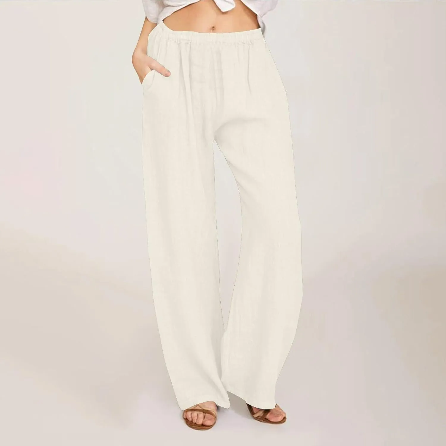 Cotton Linen Pants for Women Casual Summer Elastic High Waist Pants Straight Wide Leg Pants Baggy Loose Fit Trousers