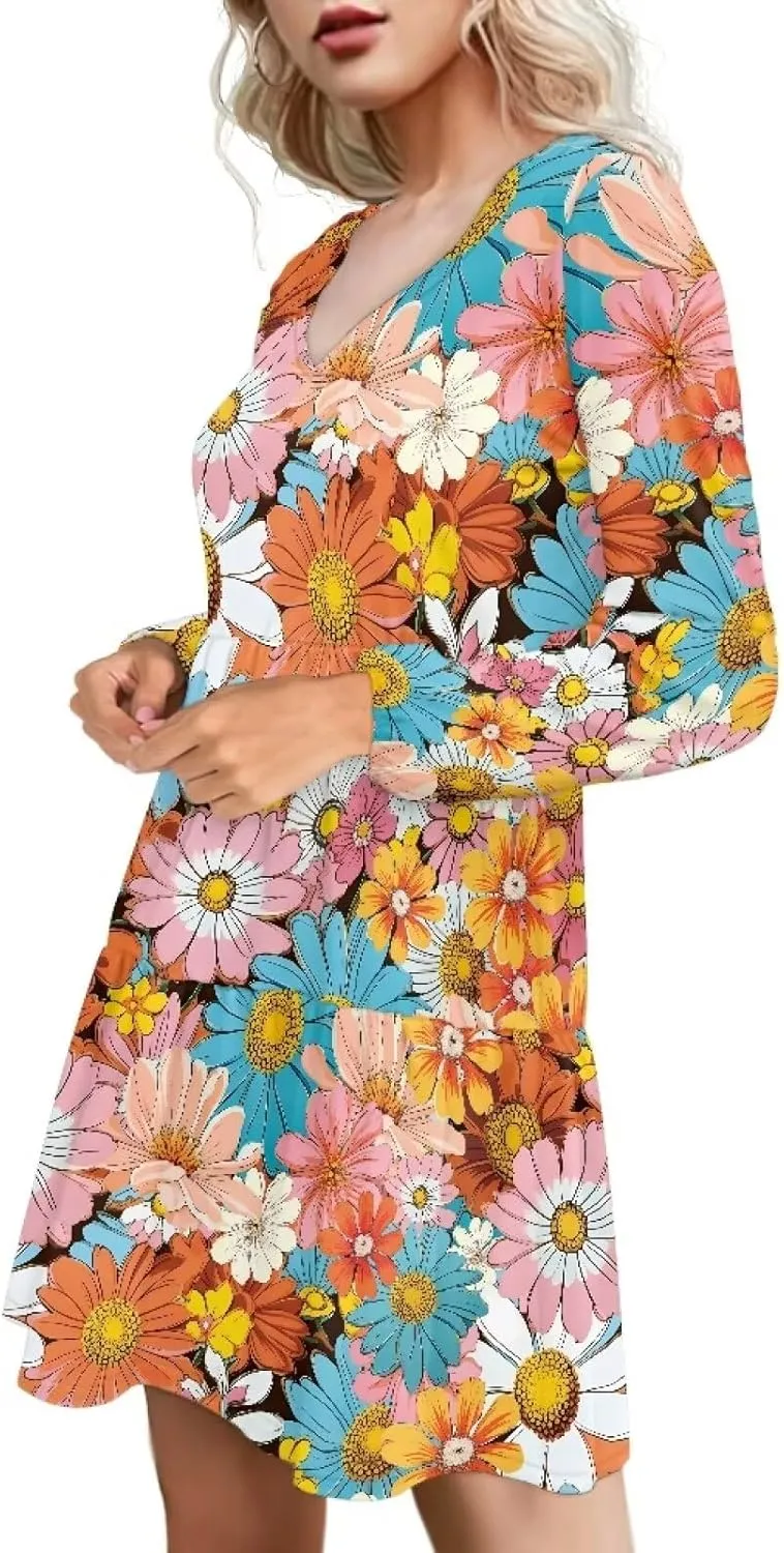 Cozeyat Women Casual Long Sleeve Dress Summer Autumn V-Neck A-Line Swing Midi Dress Surplice Dress Daily Wear
