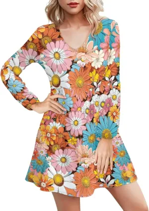Cozeyat Women Casual Long Sleeve Dress Summer Autumn V-Neck A-Line Swing Midi Dress Surplice Dress Daily Wear