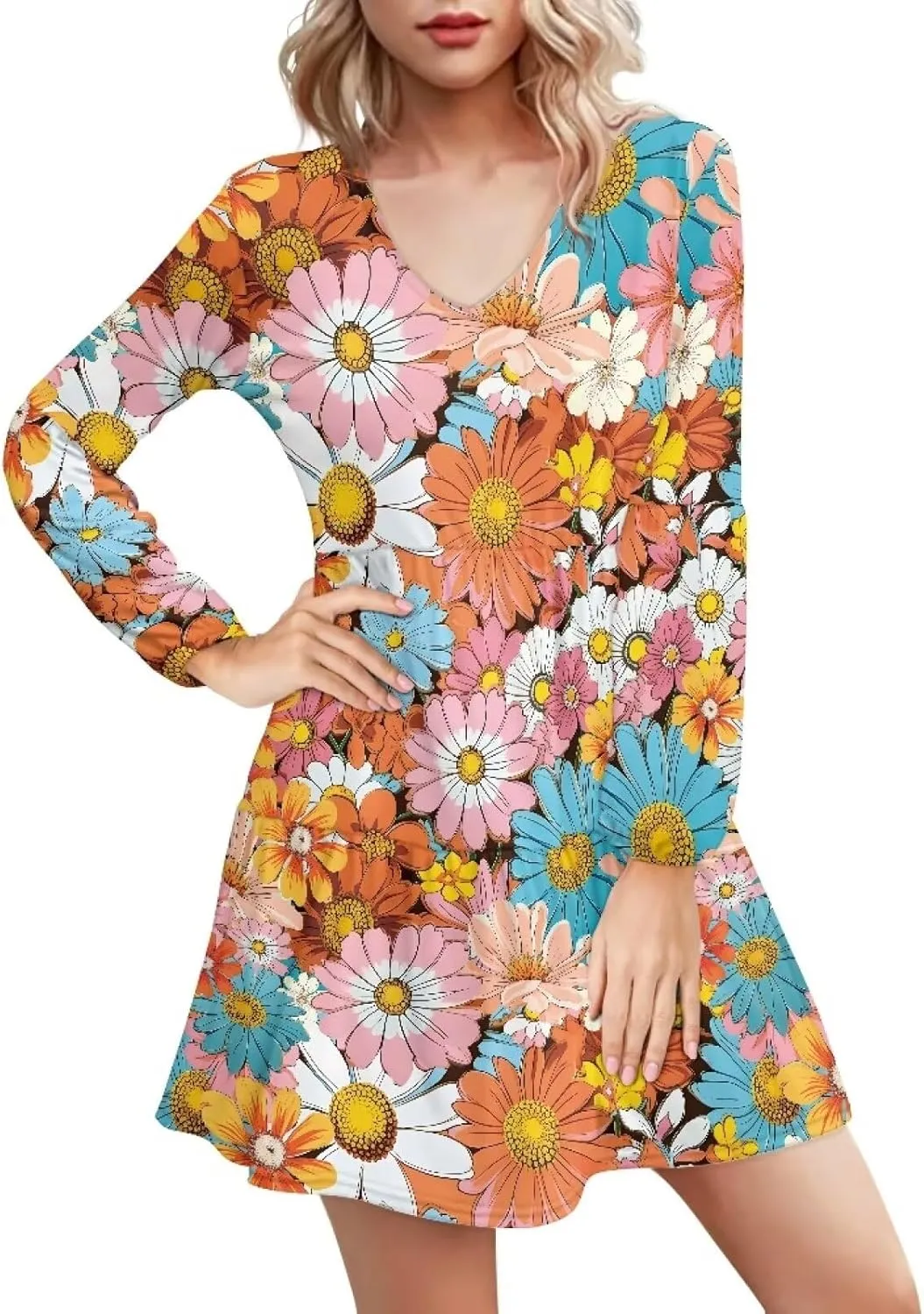 Cozeyat Women Casual Long Sleeve Dress Summer Autumn V-Neck A-Line Swing Midi Dress Surplice Dress Daily Wear