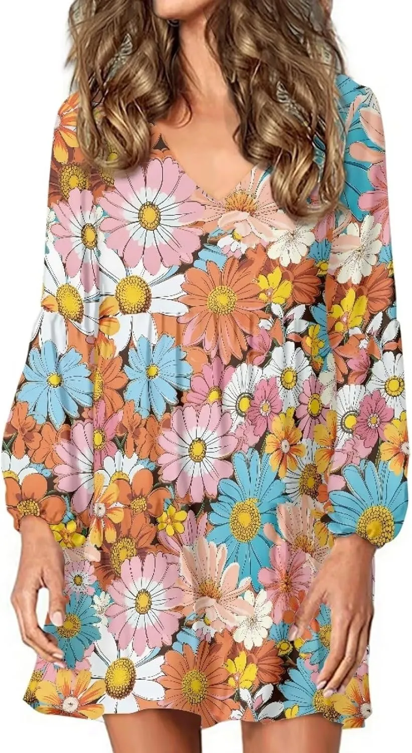 Cozeyat Women Casual Long Sleeve Dress Summer Autumn V-Neck A-Line Swing Midi Dress Surplice Dress Daily Wear