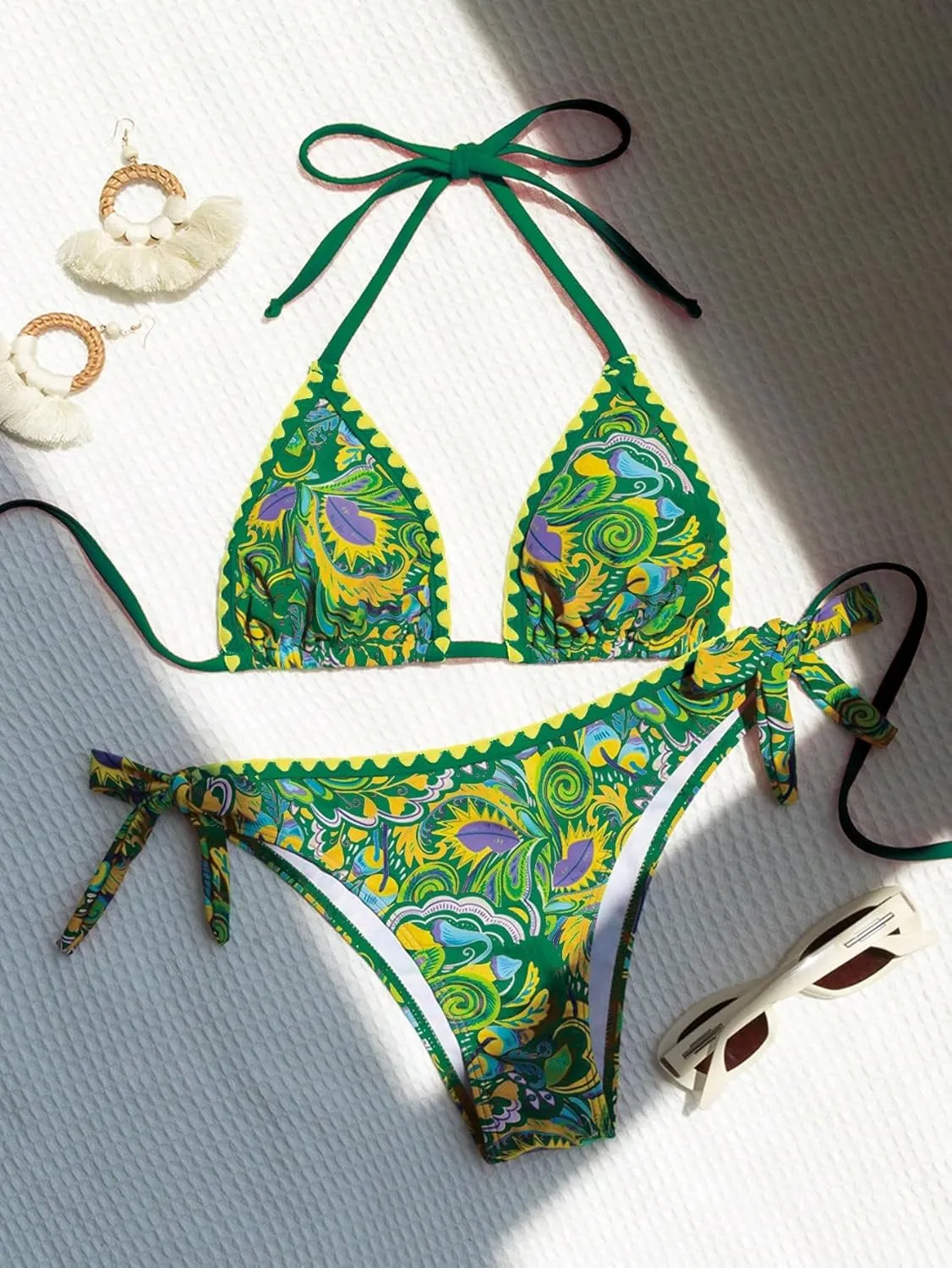 COZYEASE Women's Bikini Sets 2 Piece Halter Triangle Allover Print Swimsuit Set Boho Knot Side Bathing Suit Set