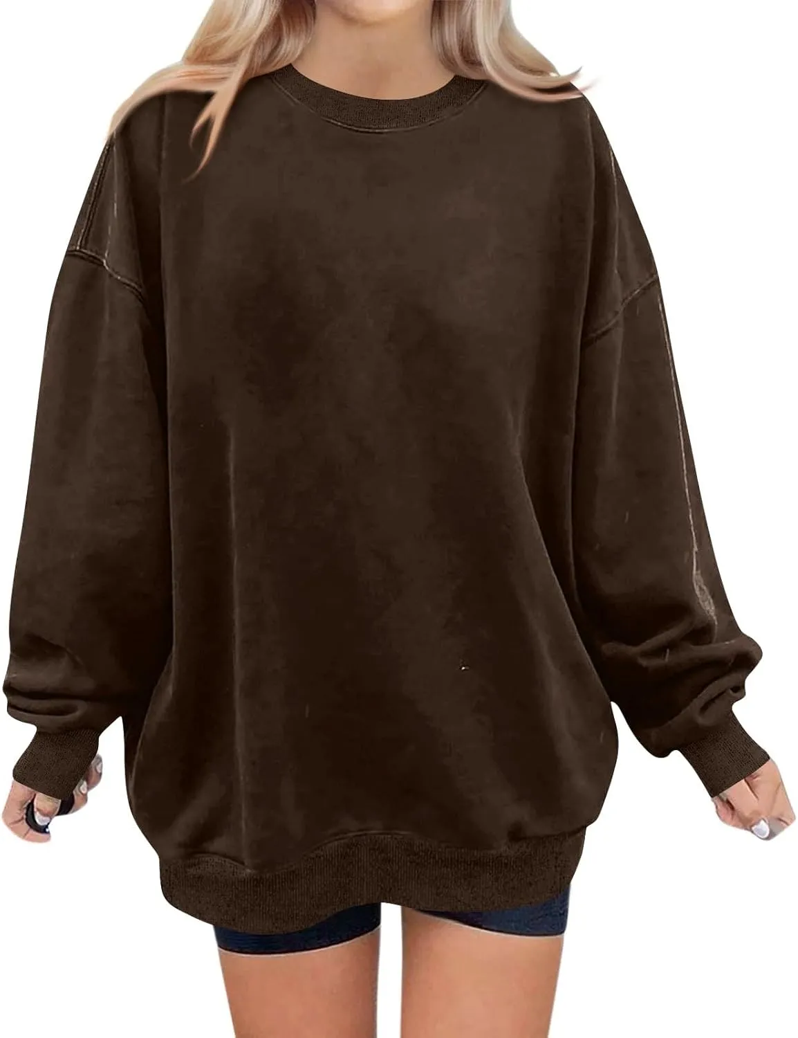 Crewneck Sweatshirts Women Fleece Oversized Hoodie Long Sleeve Shirts Loose Fitting Tops Drop Shoulder Pullover