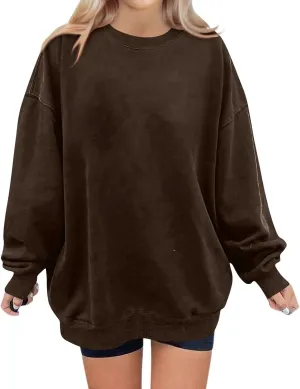 Crewneck Sweatshirts Women Fleece Oversized Hoodie Long Sleeve Shirts Loose Fitting Tops Drop Shoulder Pullover