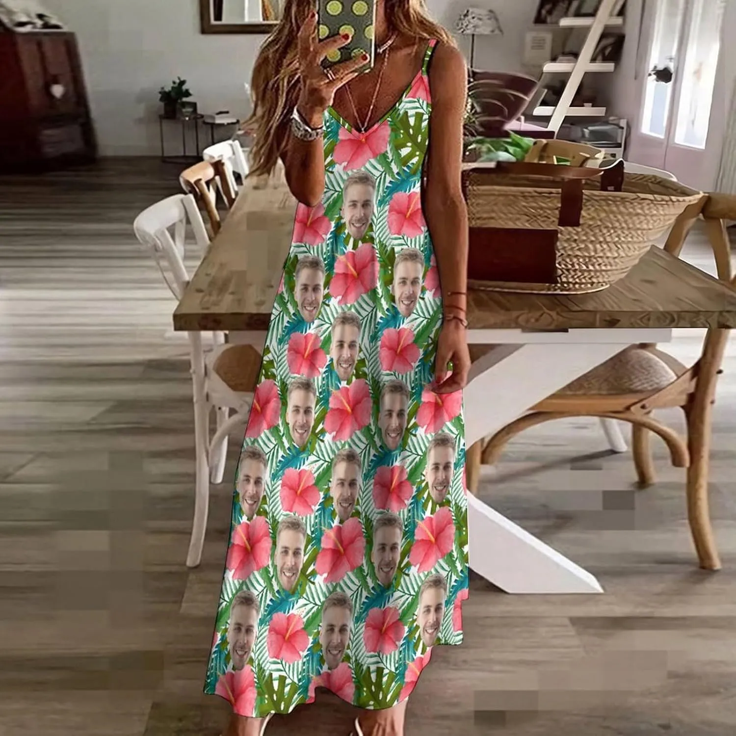 Custom Womens Long Dress Personalized Face Tank Maxi Dress Sleeveless Summer Beach Sundress Casual Boho Dress Gift for Women