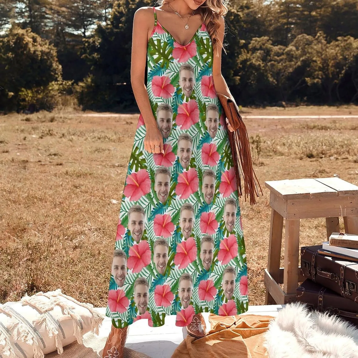 Custom Womens Long Dress Personalized Face Tank Maxi Dress Sleeveless Summer Beach Sundress Casual Boho Dress Gift for Women
