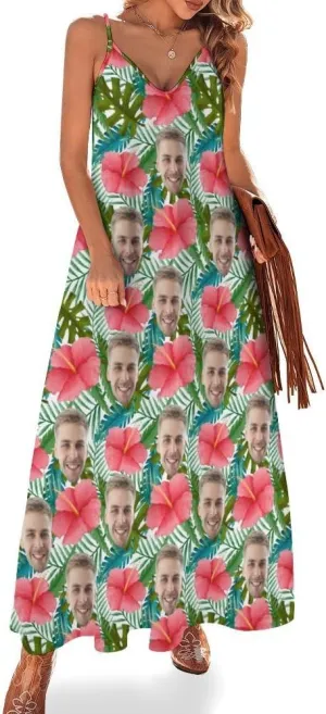 Custom Womens Long Dress Personalized Face Tank Maxi Dress Sleeveless Summer Beach Sundress Casual Boho Dress Gift for Women