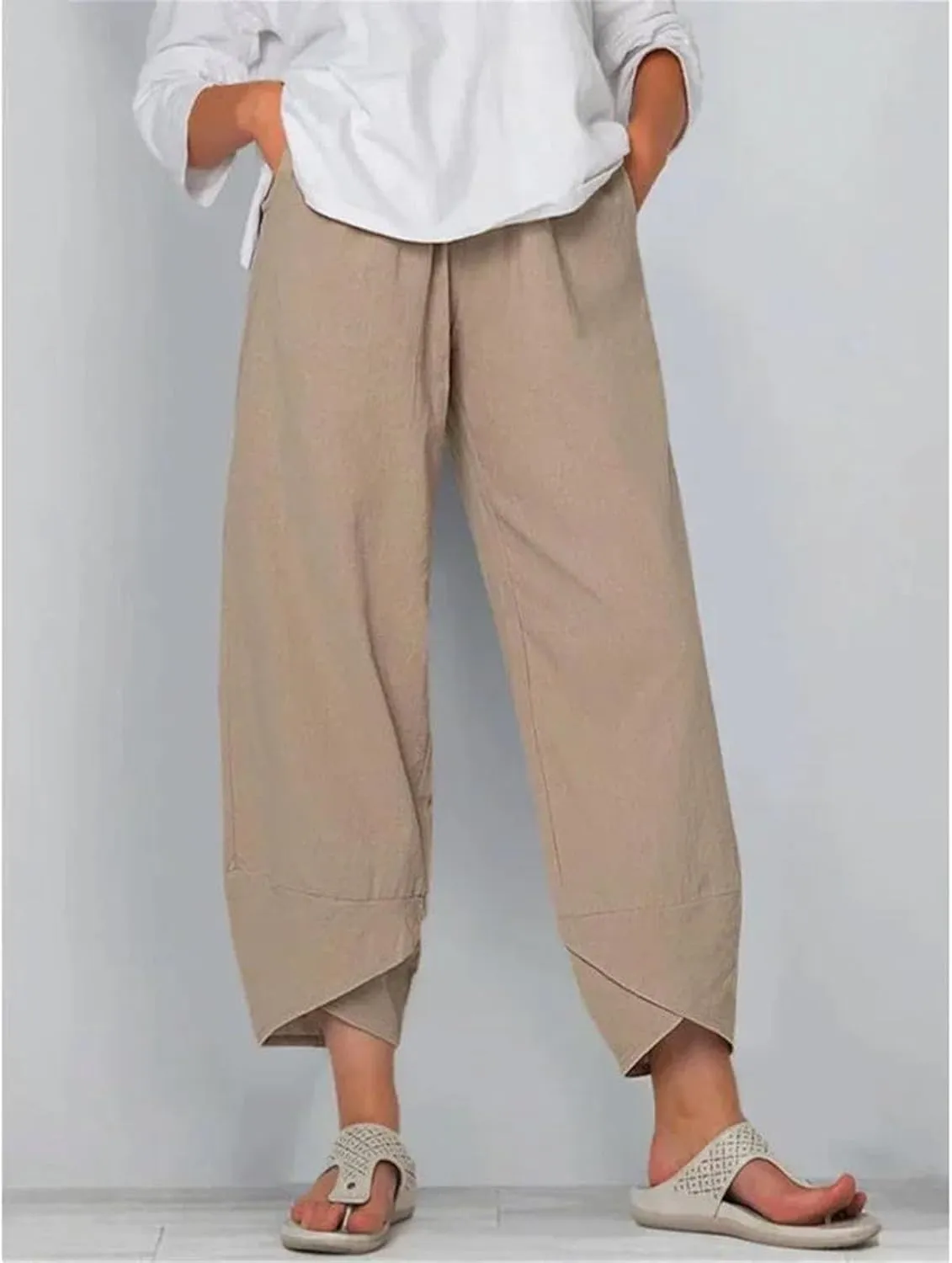 Dcvmvmn Women's Cotton Linen Trousers Loose Casual Harem Pants Floral Printed Elastic Waist Wide Leg Pants