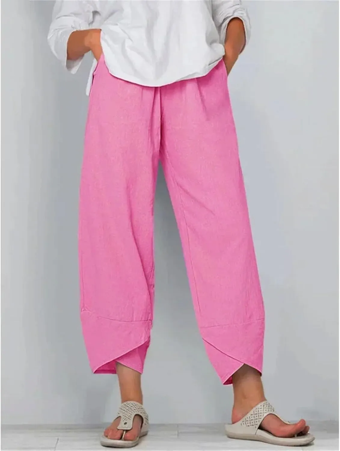Dcvmvmn Women's Cotton Linen Trousers Loose Casual Harem Pants Floral Printed Elastic Waist Wide Leg Pants