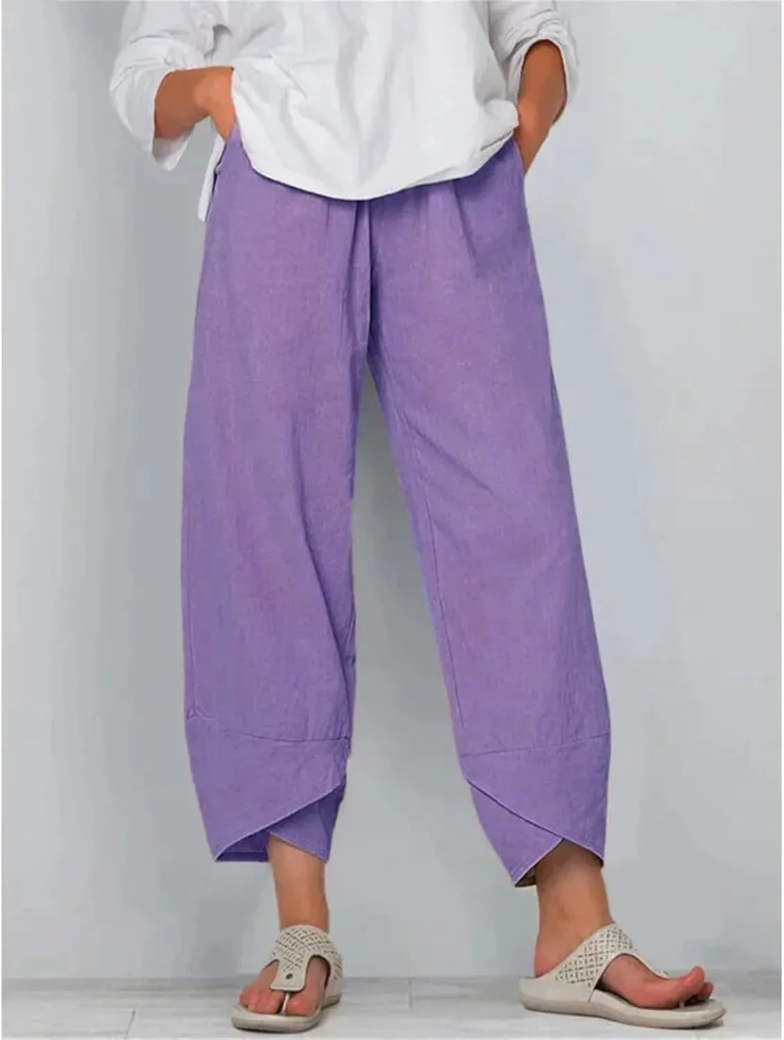 Dcvmvmn Women's Cotton Linen Trousers Loose Casual Harem Pants Floral Printed Elastic Waist Wide Leg Pants